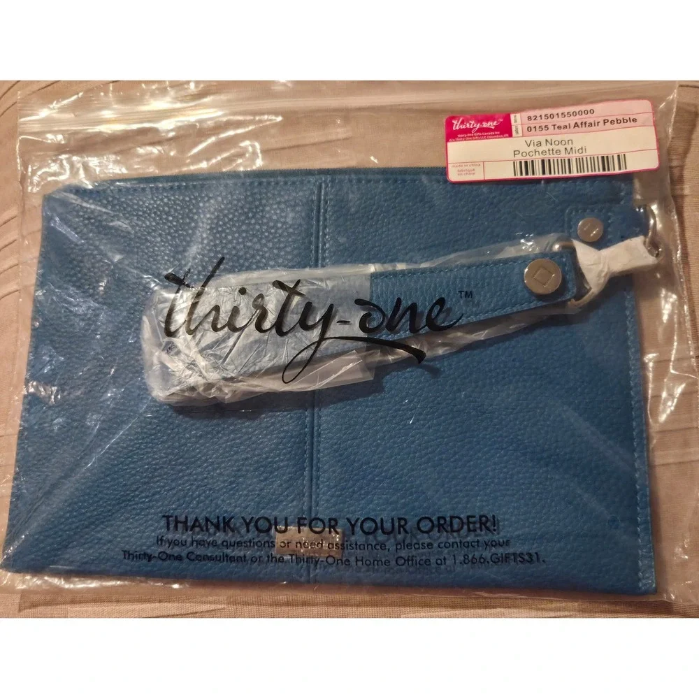 Thirty-One Retired Via Noon Pochette Midi Teal Affair Pebble Wristlet Clutch NIP